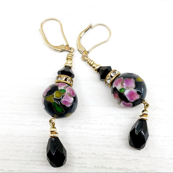VTG cloisonné and onyx dangle earrings 14k gf - Picture 3 of 3
